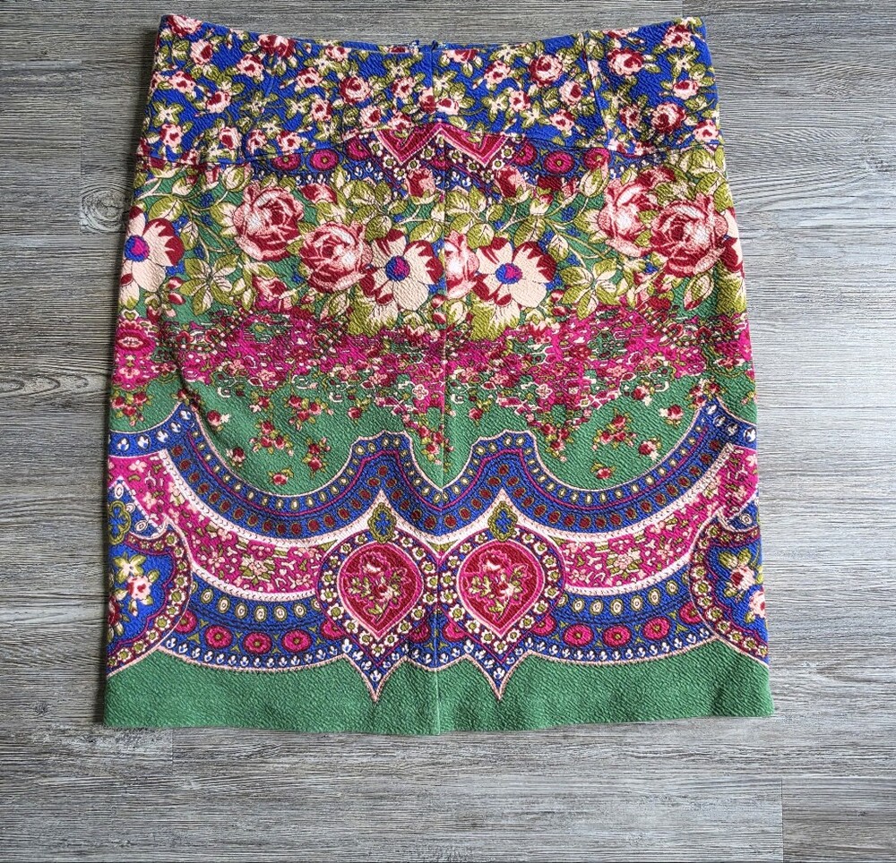 Maeve By Anthropologie Green, Pink & Blue Floral Paisley Textured Skirt
